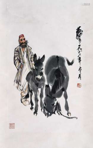 CHINESE SCROLL PAINTING OF MAN WITH DONKEY SIGNED BY HUANGZH...