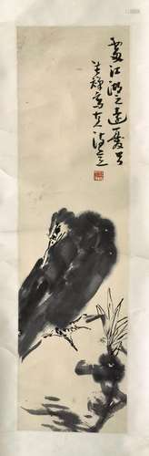 CHINESE SCROLL PAINTING OF BIRD ON ROCK SIGNED BY LI KUCHAN