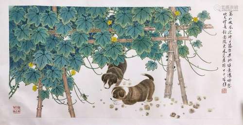 CHINESE SCROLL PAINTING OF PUPPY UNDER TREE SIGNED BY FANG C...