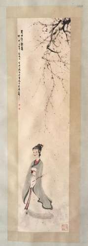 CHINESE SCROLL PAINTING OF BEAUTY UNDER TREE SIGNED BY FU BA...