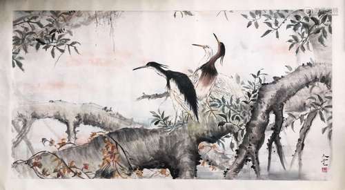 CHINESE SCROLL PAINTING OF CRANE ON TREE SIGNED BY FANG REND...