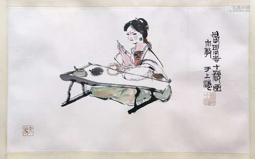 CHINESE SCROLL PAINTING OF SEATED GIRL SIGNED BY CHENG SHIFA