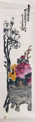 CHINESE SCROLL PAINTING OF FLOWER IN DING SIGNED BY WU CHANG...