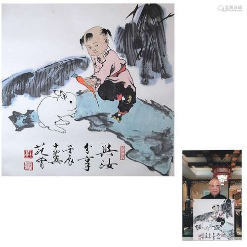 CHINESE SCROLL PAINTING OF BOY WITH RABBIT SIGNED BY FANZENG...