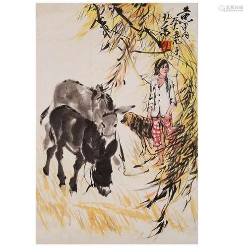 CHINESE SCROLL PAINTING OF GIRL WITH DONKEY SIGNED BY HUANGZ...