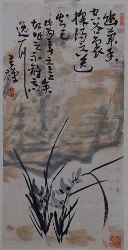 CHINESE SCROLL PAINTING OF ORCHID AND ROCK SIGNED BY LI KUCH...