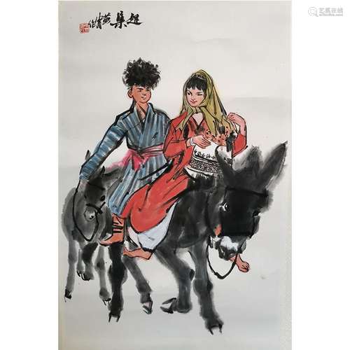 CHINESE SCROLL PAINTING OF PEOPLE ON DONKEY SIGNED BY HUANGZ...