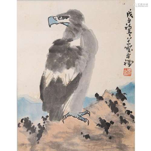 CHINESE SCROLL PAINTING OF EAGLE ON ROCK SIGNED BY LI KUCHAN