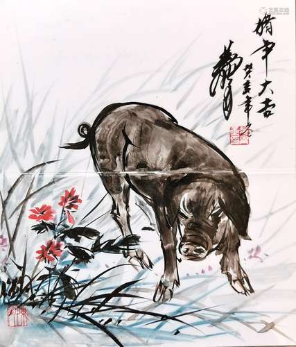 CHINESE SCROLL PAINTING OF PIG AND ORCHID SIGNED BY HUANGZHO...