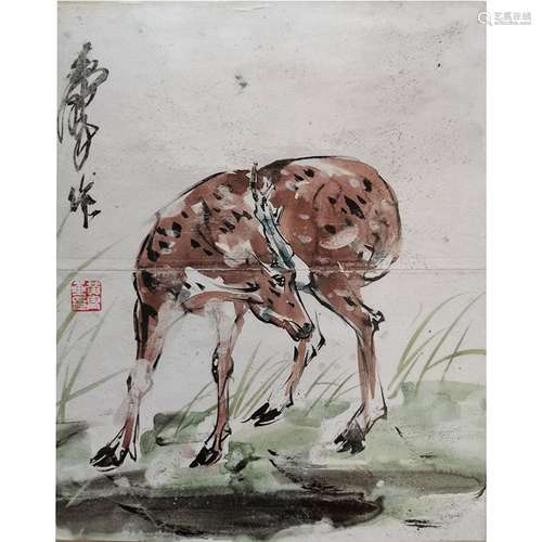 CHINESE SCROLL PAINTING OF DEER SIGNED BY HUANGZHOU