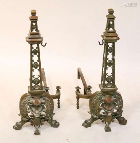 Pair of Fancy Solid Bronze Andirons