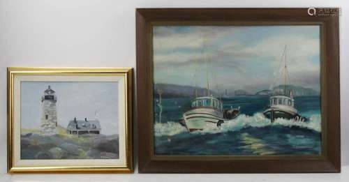 Lighthouse on Rocks, Tugboats Racing, Oil on Canvas