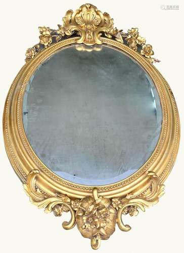 19thC Oval Gilt Rococo Beveled Mirror