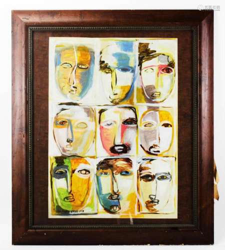 Ismail Fattah, Nine Faces, Acrylic on Paper