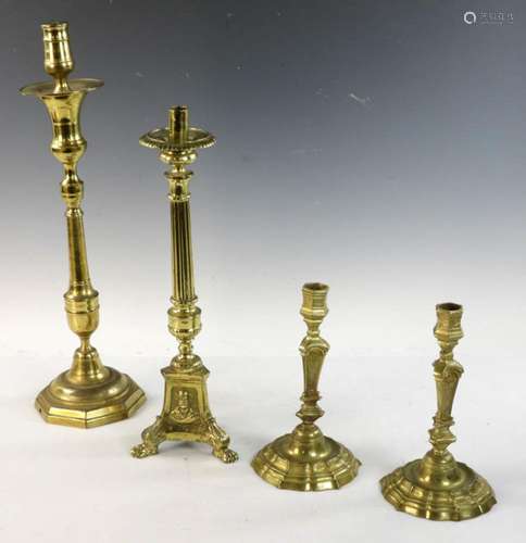 Four Antique Continental Brass Candlesticks