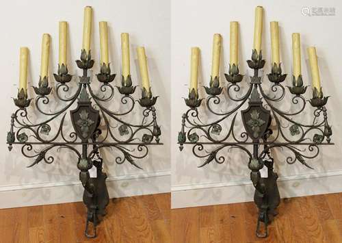 Pair of Old Wrought Iron and Brass Wall Sconces