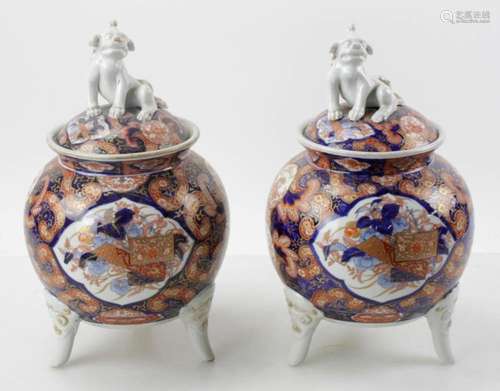 Pair of 19thC Imari Covered Urns with Foo Dogs