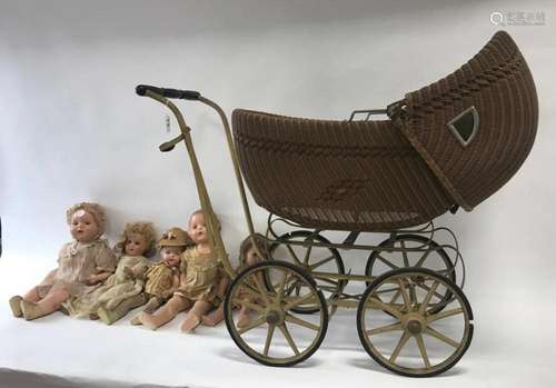 Six 1920s Composition Dolls in Carriage