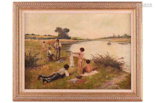 B. Baker (19th century), children beside a river on a summer...