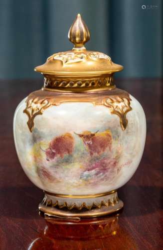 A Royal Worcester Highland-cattle painted pot-pourri jar and...