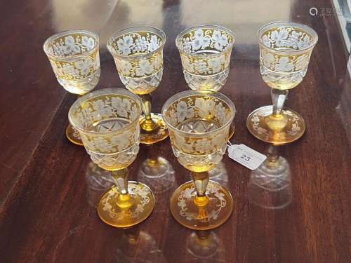 A set of six Bohemian etched and orange-cased glass liqueur ...