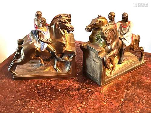 A Pair of unusual painted bronze bookends, stamped Homers Il...