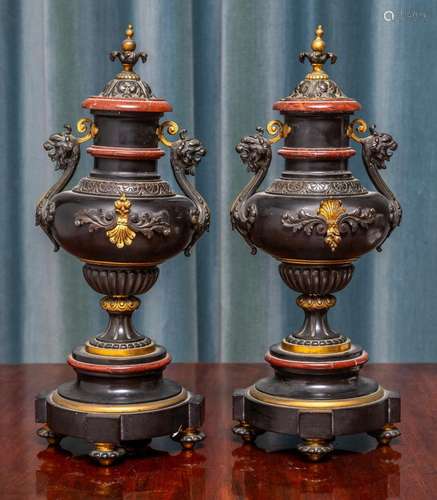 A pair of rouge and black marble,bronze and gilt-bronze moun...