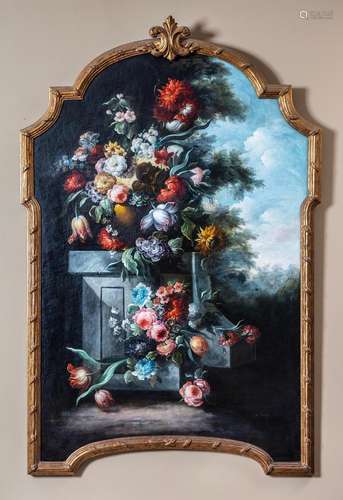 French school, 18th/19th century Flowers on a plinth in a ga...