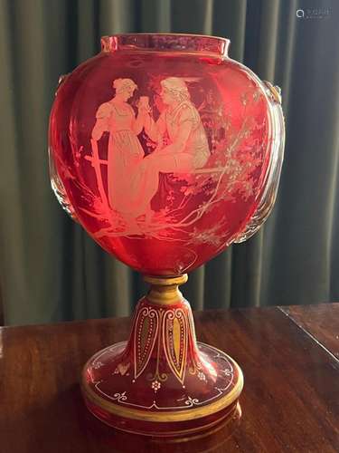 A large Mary Gregory type ruby glass globular pedestal vase,...