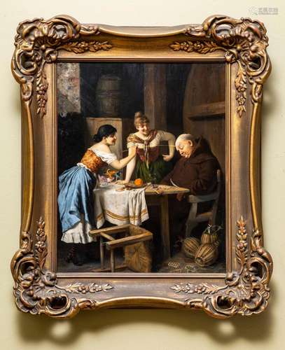 German school 19th century, Tickling a monk,oil on walnut pa...