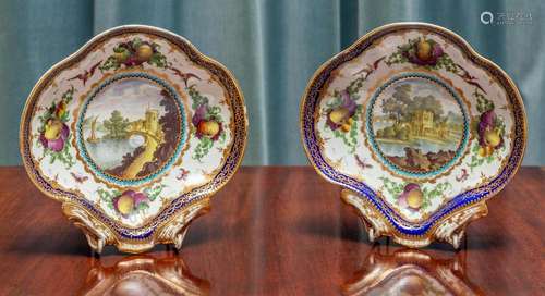 A fine pair of Worcester porcelain quatrefoil dished painted...