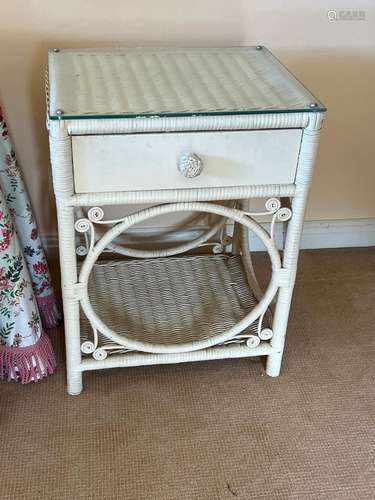 A modern white painted wicker side table 59cm high,46cm wide