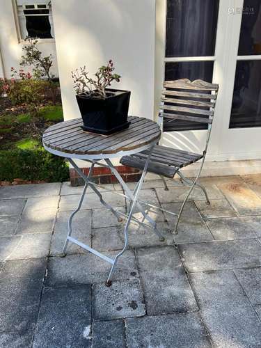 A modern slatted wood garden table and chair 60cm diameter, ...