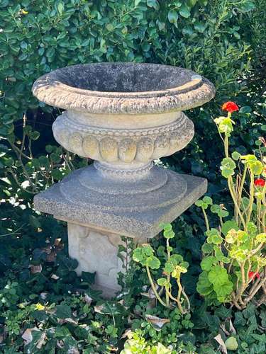 A reconstituted stone wide Grecian urn on pedestal 71cm wide...