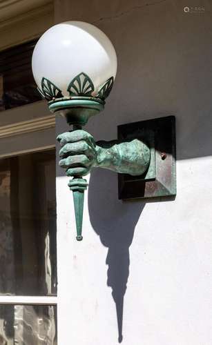 A pair of large green verdigris finish metal hand-form wall ...