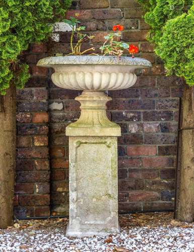 A reconstituted stone Grecian urn on pedestal 70cm high pede...