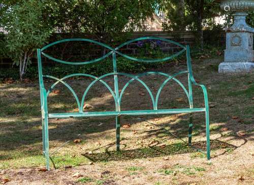 A green painted metal garden seat 132cm wide,98cm high,54cm ...