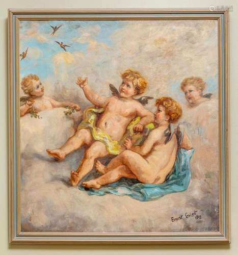 A pair of Italianate oil piantings of cherubs signed Ernest ...