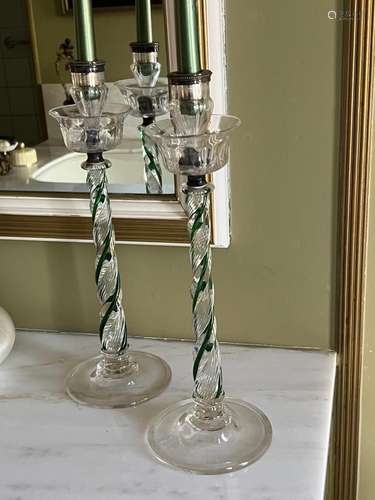 A pair of Webb crystal tall emerald green and clear glass an...