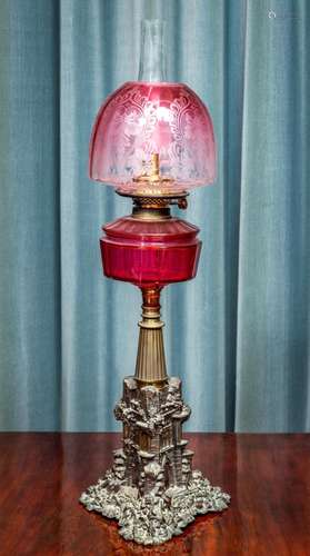 A Victorian ruby glass and bronze Guard and Tower form oil l...