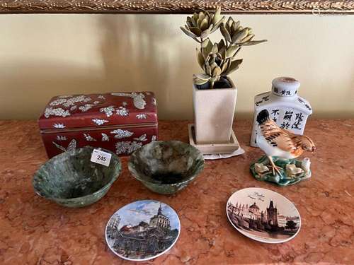 A pair of Chinese green stone bowls and various ceramics