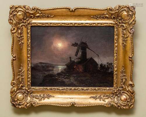 Artist Unknown, Dutch 19th century, Moonlit scene with windm...