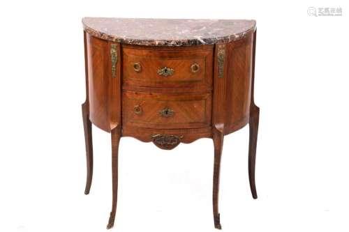 A Louis XV-style marble-topped tulipwood and mahogany demi l...