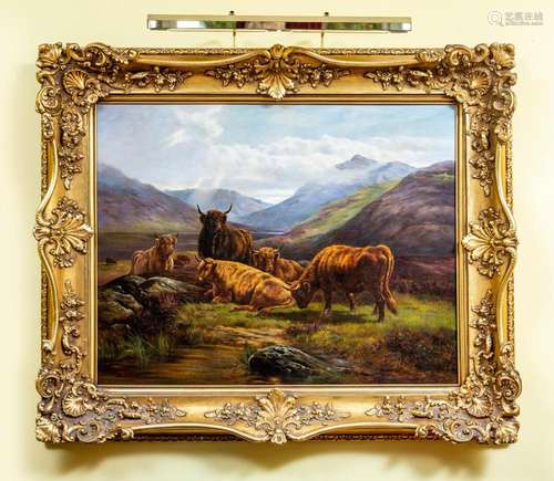 Artist Unknown, Scottish highland cattle in landscape,oil on...