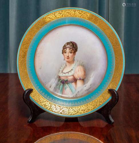 A Limoges porcelain gilt turquoise ground portrait plate of ...