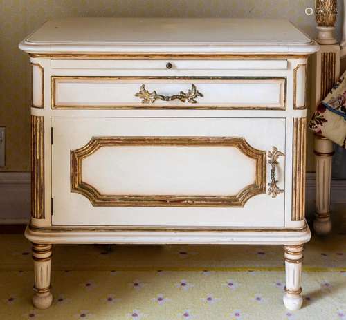 A pair of Italianate cream and gilt bedside chests 60cm high...