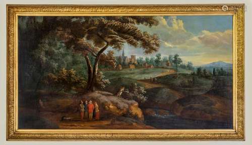 European school,figures under a tree with distant landscape ...