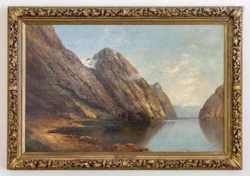 P. Molena, Scandinavian 19th century, Lake view with figures...