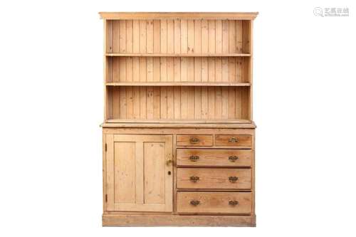 An early 20th-century stripped pine kitchen dresser and rack...