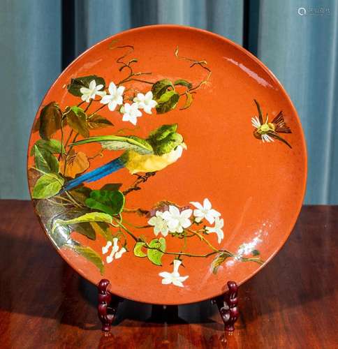 A Minton's bird painted terracotta stoneware circular di...